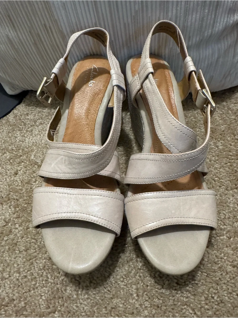 Clarks Taupe Wedge Sandals with Textured Platform